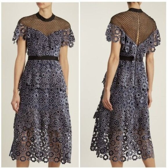 Self-Portrait Yoke Frill Guipure Lace Midi Cocktail Dress Floral Cut Outs Size 8 - Picture 1 of 16